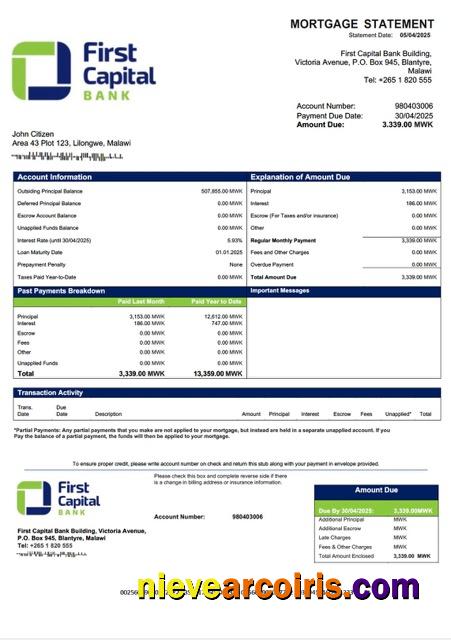 Malawi First Capital Bank Malawi mortgage statement Word and PDF template